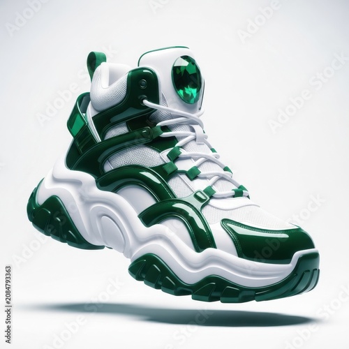 Stylish futuristic high top sneakers with green and white color design