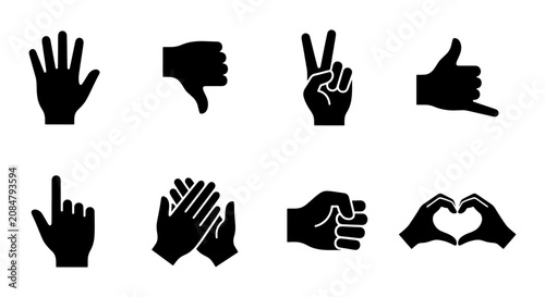 Photos Set of 8 Black Silhouette Hand Gestures Icons, Communication Symbols, Positive a