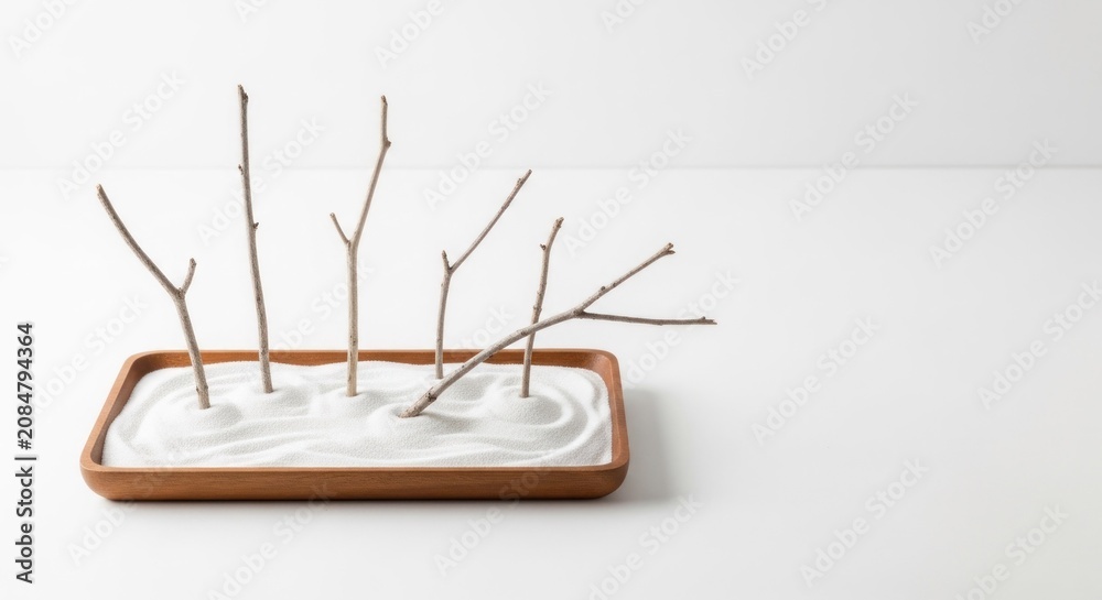 Obraz premium Bare tree branches are arranged in a small wooden tray filled with white raked sand.