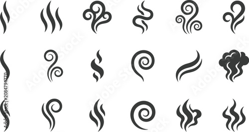 Steam vector icons display various swirling vapors and smoke curls for culinary or beverage design.