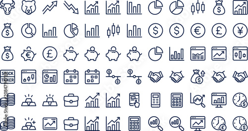 Investment icons present a structured array of digital symbols focused on corporate finance, portfolio management, statistical reporting, and asset valuation.