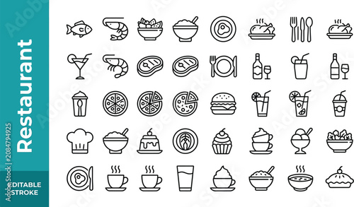 Restaurant icons set features a collection of thin line graphics representing various food items and dining utensils for menu design.