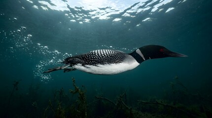 Common loon swimming underwater in a clear lake, diving great northern diver with air bubbles, aquatic wildlife photography in deep blue water