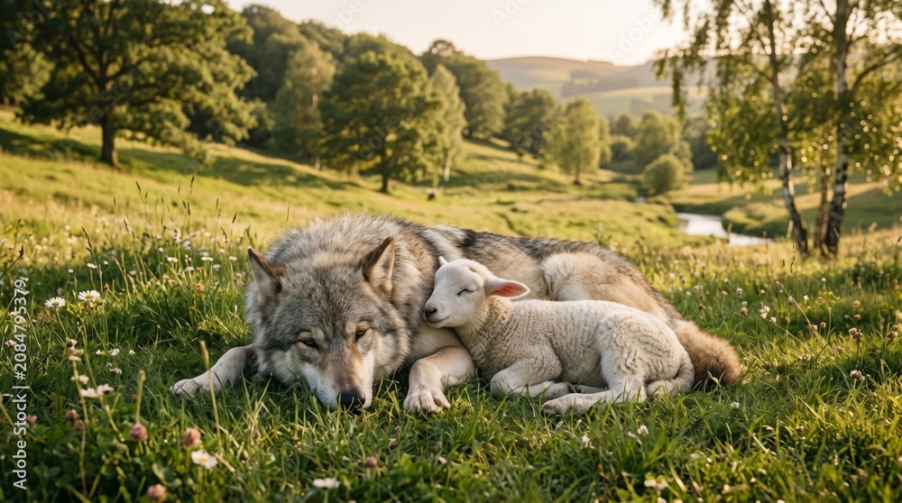 Obraz premium Wolf and lamb lying together on a grassy meadow. Concept of peace, friendship, and harmony between predator and prey. Nature wildlife interaction in a warm summer landscape.