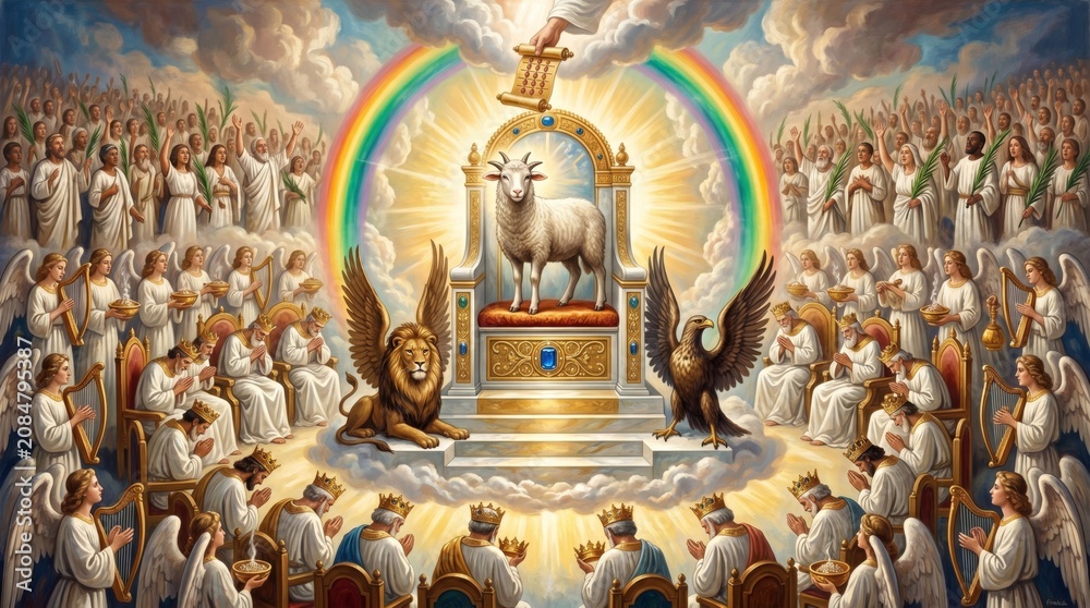 Obraz premium Lamb on throne in heaven surrounded by winged creatures and elders praising. Biblical artistic representation of divine authority, worship, and salvation. Religious spiritual concept.