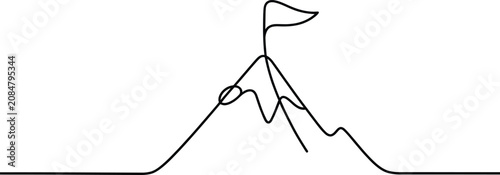 Foto Minimalist single line drawing of a mountain peak with a flag mountain achieveme