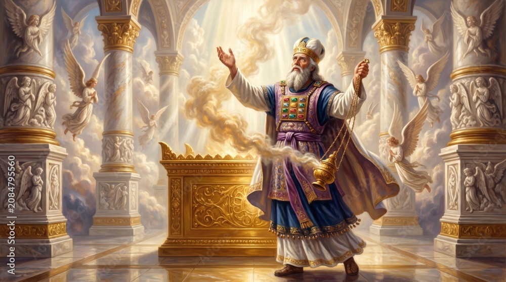 Obraz premium High priest in ancient temple holding golden censer with incense smoke. Biblical scene of religious worship and prayer. Majestic spiritual illustration with angels and divine light.
