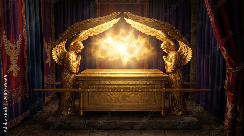 Obraz premium Golden Ark of the Covenant with two cherubims and divine light. Biblical relic and religious artifact in ancient tabernacle. Sacred object of worship and worship history atmosphere.