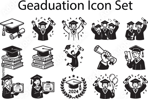 Transparent graduation icon set vector, thick stroke academic ceremony student university line art bundle