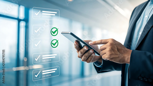 Professional Touching Digital Checklist on Smartphone in Modern Office Setting