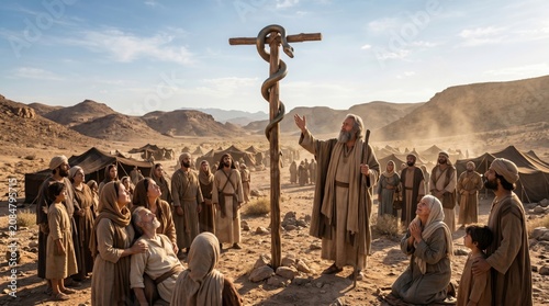 Moses pointing at bronze serpent on pole for Israelites in desert. Biblical miracle of healing from Numbers in Old Testament. Religious scene depicting ancient faith and redemption.