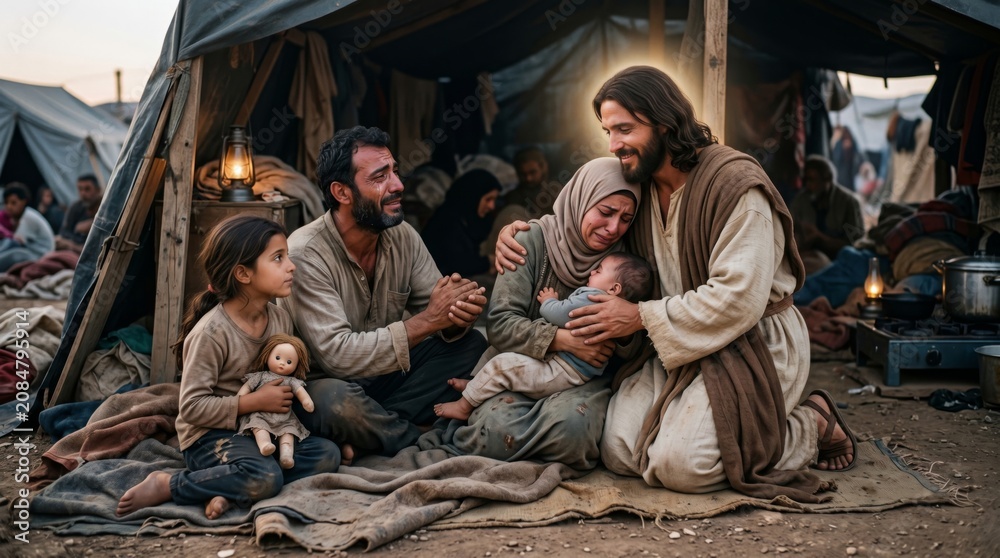 Fototapeta premium Jesus Christ comforting a crying refugee family in a tent. Man, woman, little girl and infant in a camp. Divine support, hope, faith and compassion for war victims, religious art scene.