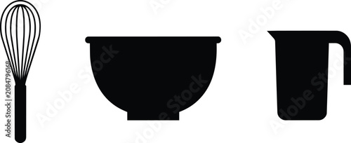 Fényképezés Kitchen utensil silhouettes featuring a wire balloon whisk, a deep mixing bowl,