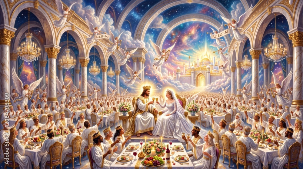 Obraz premium Jesus and bride sitting at a banquet table in heaven. Marriage supper of the Lamb with crowd of guests wearing crowns. Biblical scene illustrating divine wedding feast and salvation.