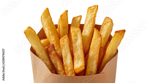 Quadro su tela Isolated crispy golden french fries in a rustic paper container, a tasty fast fo