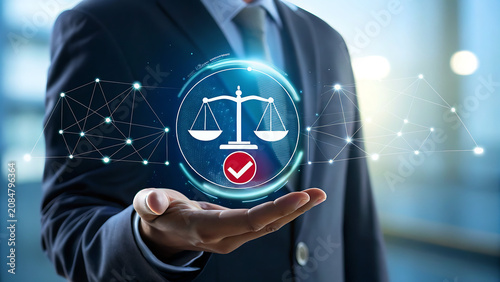 Professional Business Person Holding a Digital Law Scale Icon in Office Setting