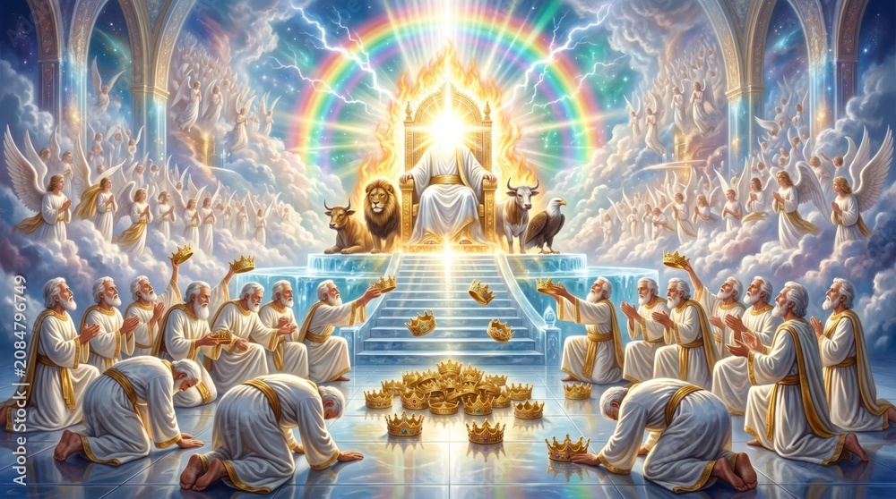 Obraz premium Divine throne of God with four living creatures and elders casting crowns. Biblical scene of worship in heaven with angels, rainbow and thunder. Spiritual religious art concept.