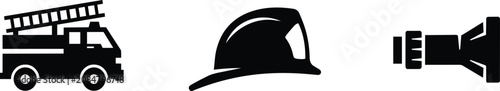 Konstfotografi Firefighter equipment icons featuring a rescue truck, protective safety helmet,