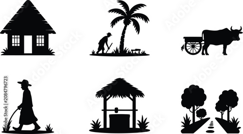 Foto Rural lifestyle and farm icons set with villager working and traditional agricul
