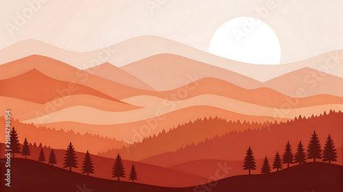Abstract Terracotta Mountain Landscape with Sun mountains