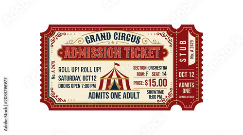 Photos Vintage Grand Circus Admission Ticket with Detachable Stub, Retro Design