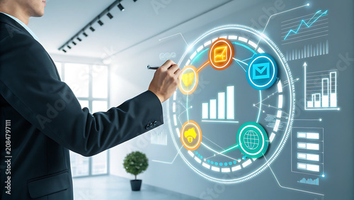 Professional business person interacting with digital data charts in a modern office environment
