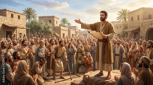Man preaching to crowd of people holding scroll in historic village. Biblical prophet speaking to audience in ancient city. Religious sermon, spirituality, faith and cultural tradition.