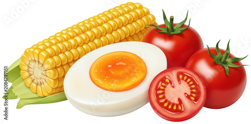 Vibrant golden corn cob with soft boiled egg and juicy red tomato slices isolated transparent background image