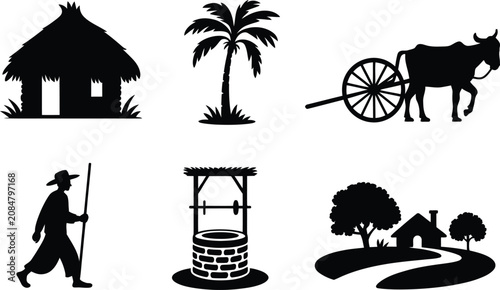 Quadro su tela Rural scene silhouette collection showing thatched house palm tree bull cart far