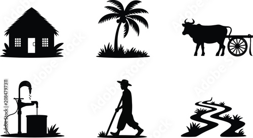 Quadro su tela Farm life silhouette icons featuring thatched house palm tree bullock cart water