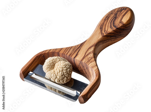 Картината върху платно Isolated wooden truffle slicer with fresh white gourmet fungus on shiny metal bl