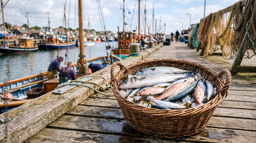 Cesta tradicional para pescado con ambiente auténtico de puerto pesquero.