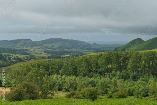 A wide landscape view of green, rolling hills and a valley under a cloudy sky. A forest of trees stretches across the middle ground in Cumbria - North West - UK