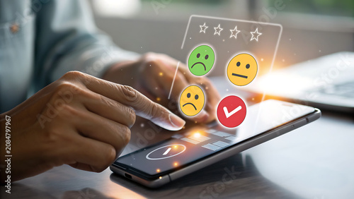 Person Giving Feedback Using Smartphone App with Digital Rating Icons Interface