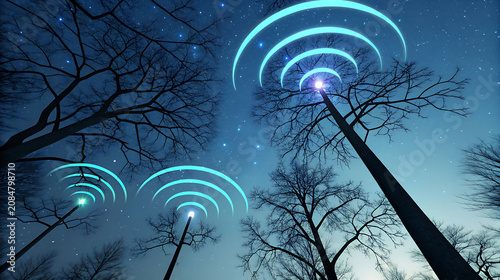 Bare tree branches with glowing blue signal waves against starry night sky