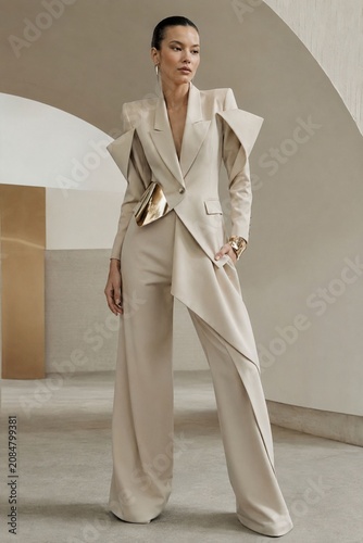 Elegant Ivory Tailored Suit with Sculptural Draped Blazer in Contemporary Luxury Fashion Editorial