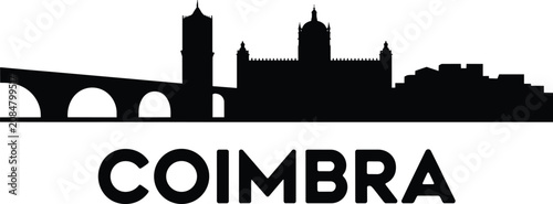 Coimbra city skyline silhouette with arched bridge and historic cathedral architecture in a minimalist flat black vector travel view