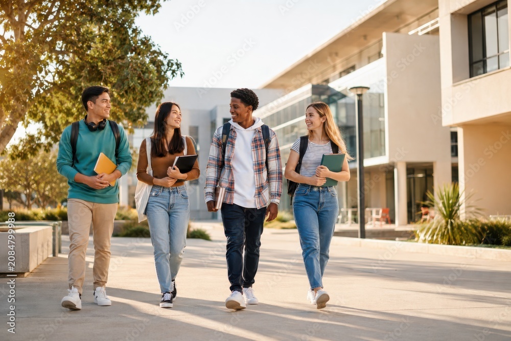 Fototapeta premium Four university students walking happily on campus during daytime