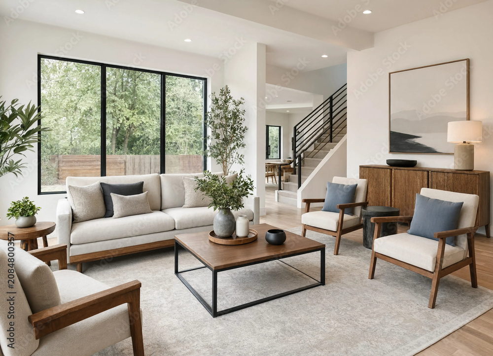 Fototapeta premium Bright modern living room interior featuring a wooden coffee table and comfortable seating area