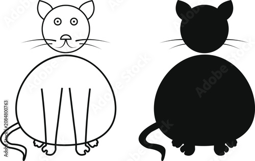 Two simple round cat icons showing a line art outline and a solid black silhouette.