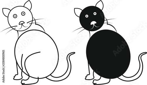 Two cute cat illustrations sitting in a simple black and white line art drawing style.