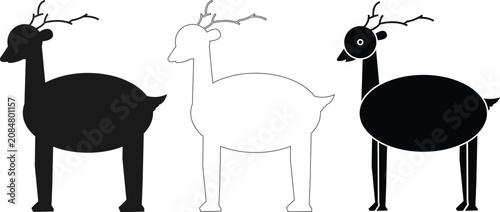 Three different style deer silhouettes and outline icons for graphic design projects.