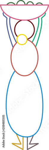 Minimalist line drawing of a woman carrying a bowl of food on her head.
