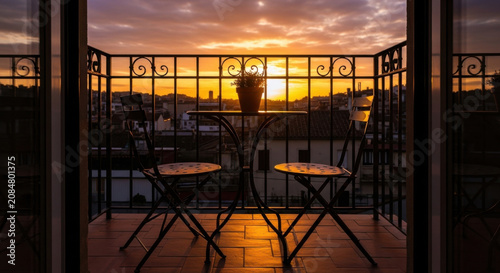 Balcony View At Sunset With Cityscape And Small Table Setup