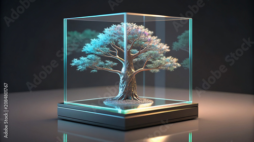 Bonsai tree in glass enclosure with holographic light