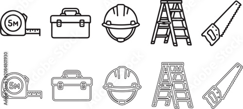 Construction and measurement tools set including tape measure toolbox safety helmet ladder and hand saw icons in solid and outline graphic styles.