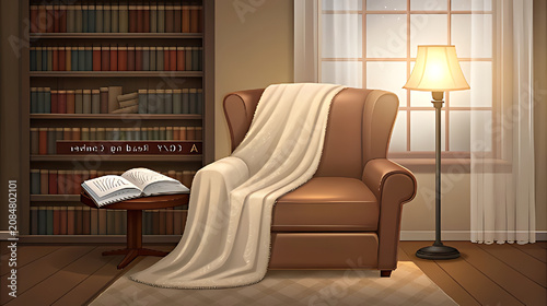 Brown leather armchair with cream blanket and open book