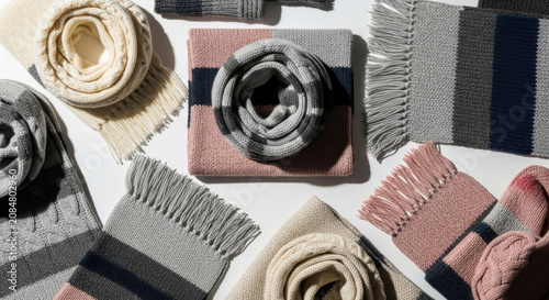 Assorted Knitted Scarves Laid Out In A Flat Lay Arrangement For Fall Winter Fashion