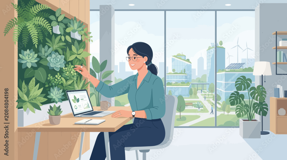 Fototapeta premium Woman tending to indoor plants in a modern office with city view
