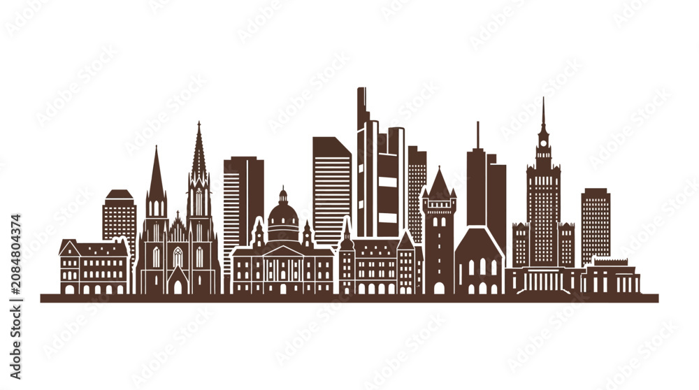 Obraz premium A scenic city skyline illustration showcases various buildings downtown.